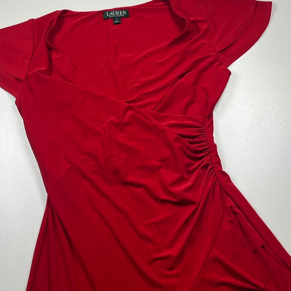 Lauren Ralph Lauren Red Faux Wrap Ruffle Hem Flutter Sleeve Cocktail‎ Dress 6